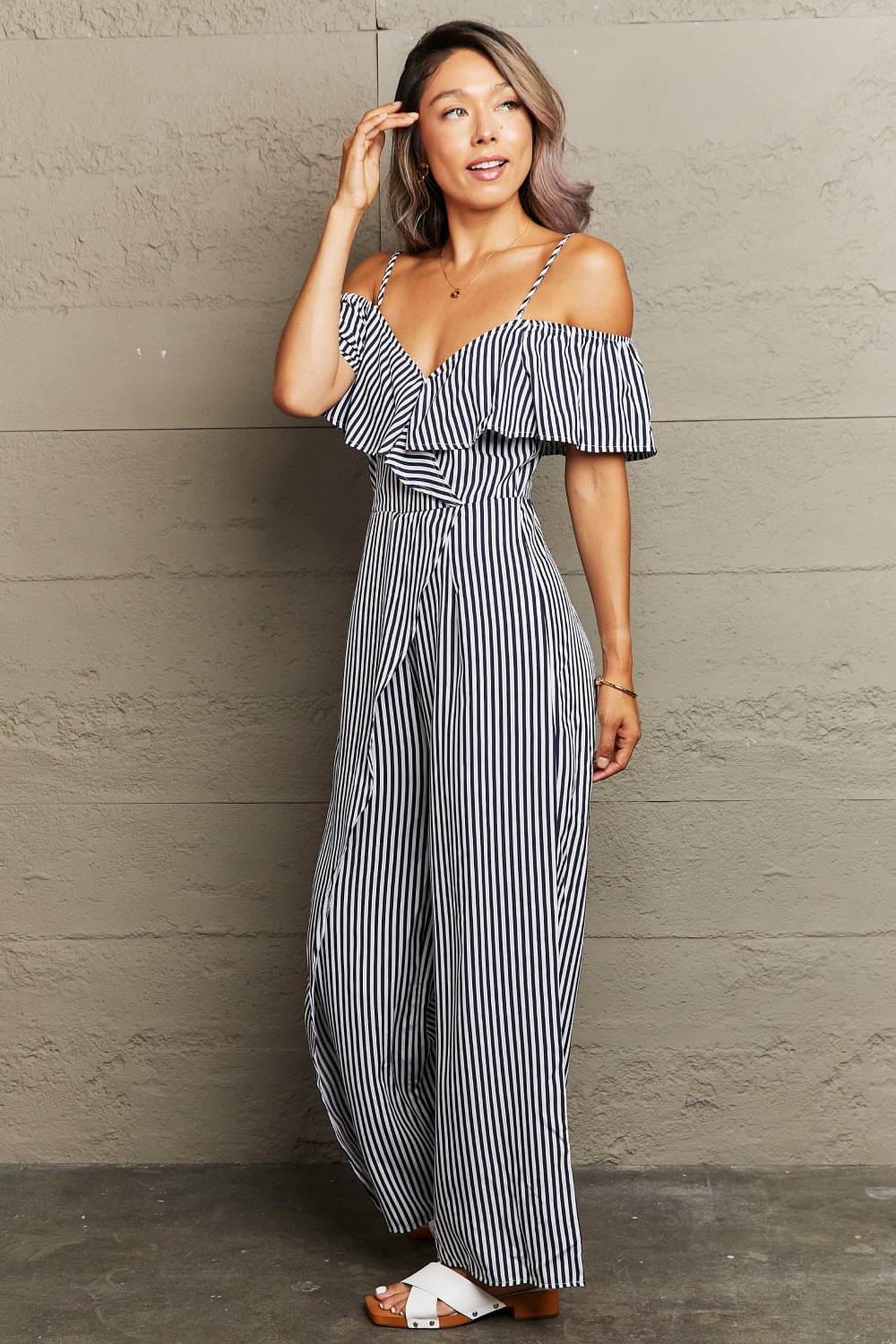 Striped Spaghetti Strap Cold-Shoulder Jumpsuit - Body By J'ne