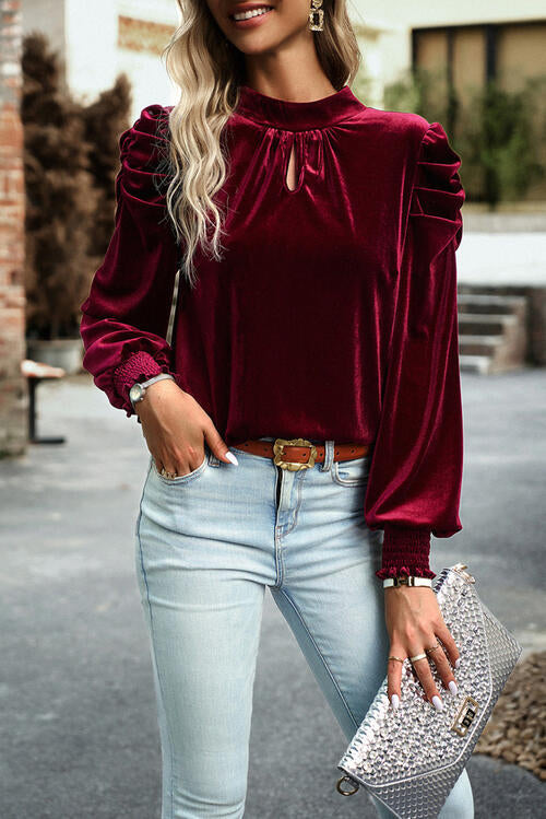 Tie Up Mock Neck Velvet Fabric Long Sleeve Blouse - Body By J'ne