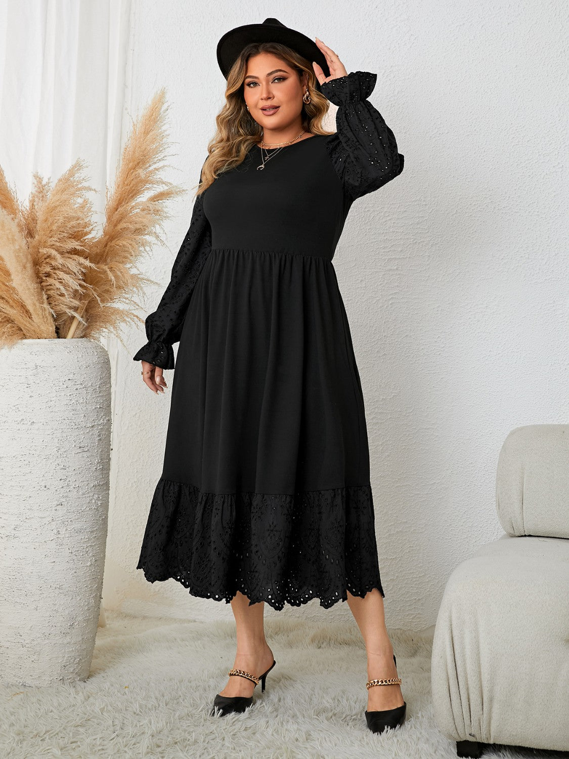 Plus Size Flounce Sleeve Lace Detail Dress - Body By J'ne