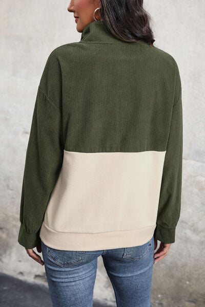 Ribbed Color Block Half Button Sweatshirt - Body By J'ne
