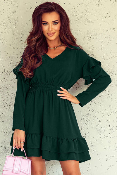 Ruffled V-Neck Dropped Shoulder Mini Dress - Body By J'ne