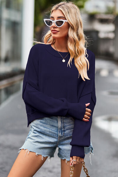Round Neck Drop Shoulder Long Sleeve Sweater - Body By J'ne