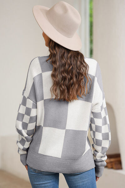 Plaid Round Neck Dropped Shoulder Sweater - Body By J'ne