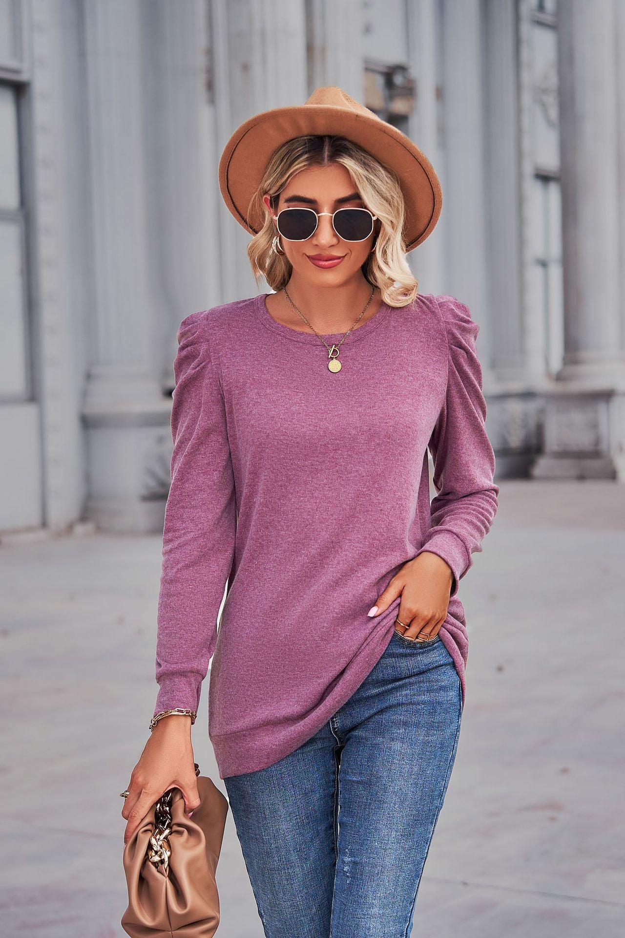 Heathered Puff Sleeve Round Neck Tunic Top - Body By J'ne