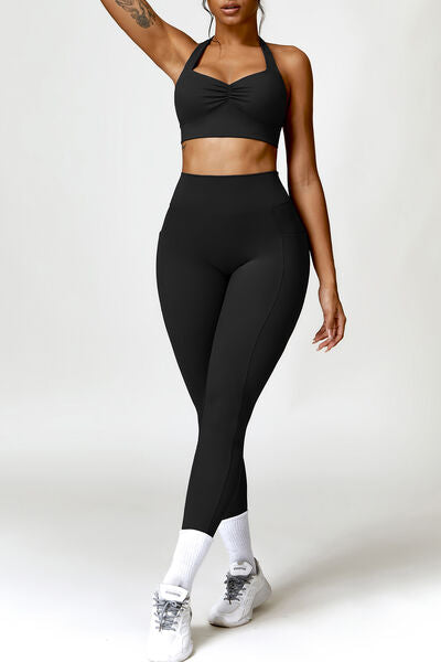 Ruched Halter Neck Bra and Pocketed Leggings Active Set - Body By J'ne