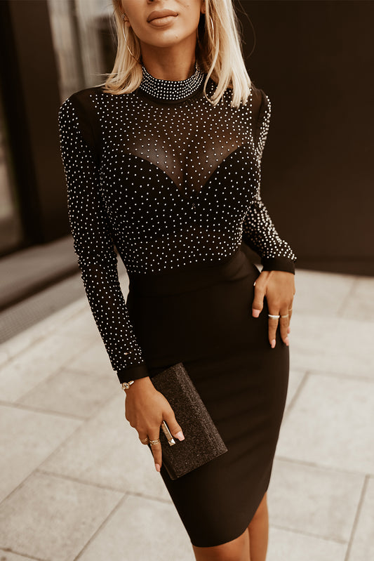 Rhinestone Mock Neck Long Sleeve Dress - Body By J'ne