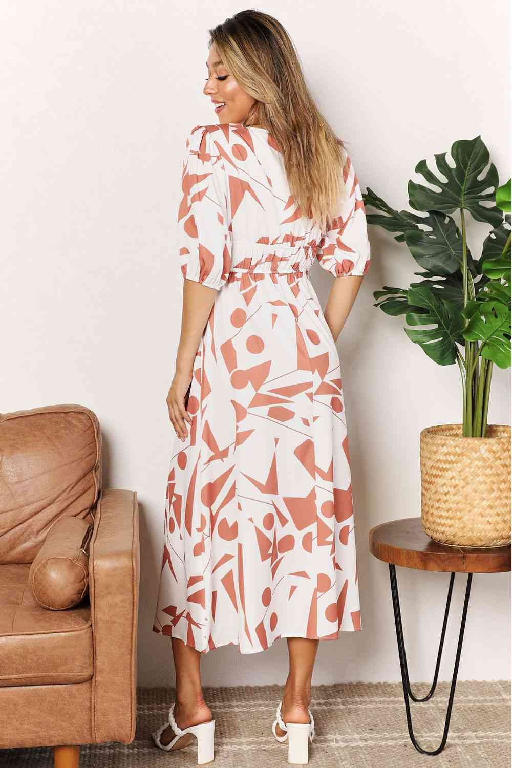 Printed Surplice Balloon Sleeve Dress - Body By J'ne