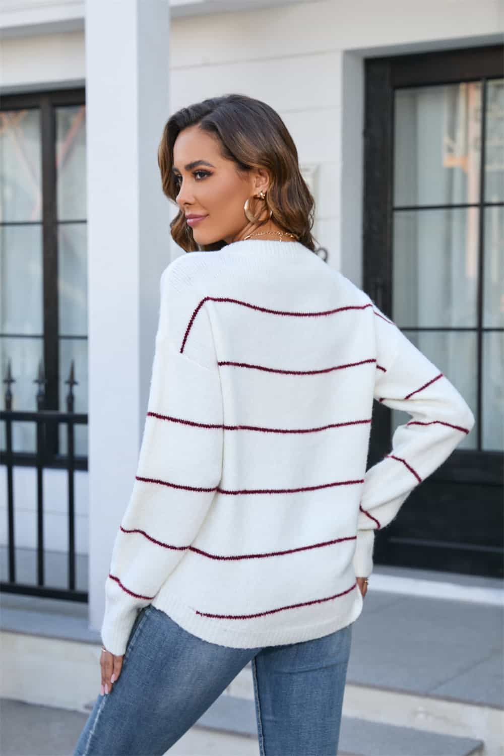 Striped Round Neck Long Sleeve Sweater - Body By J'ne