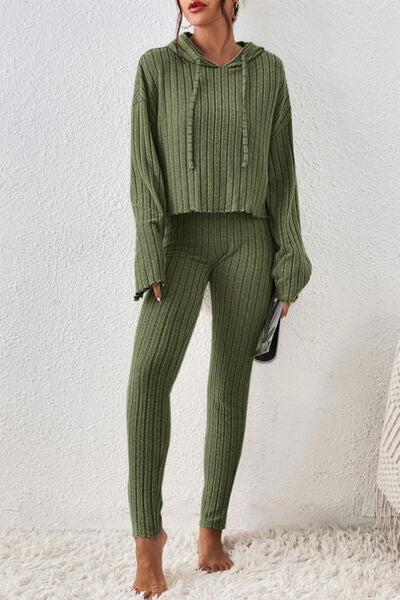 Lettuce Hem Dropped Shoulder Hooded Top and Pants Set - Body By J'ne