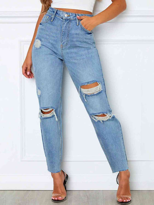 Distressed High Waist Straight Jeans - Body By J'ne