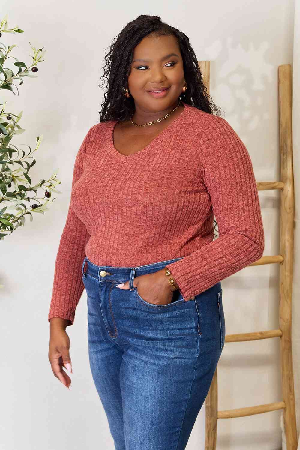 Ribbed V-Neck Long Sleeve T-Shirt - Body By J'ne