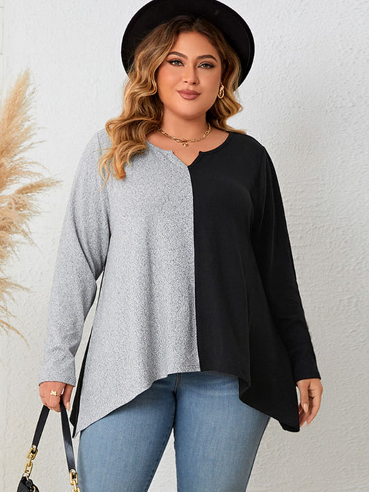 Plus Size Contrast Notched Neck T-Shirt - Body By J'ne