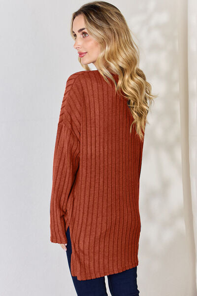 Full Size Ribbed Half Button Long Sleeve High-Low T-Shirt - Body By J'ne