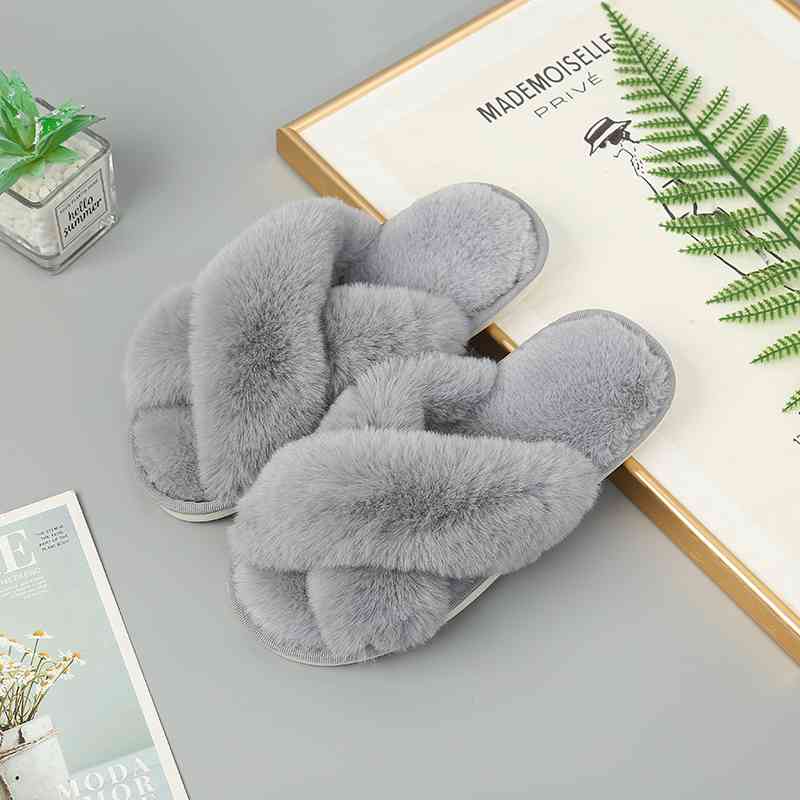 Faux Fur Crisscross Strap Slippers - Body By J'ne