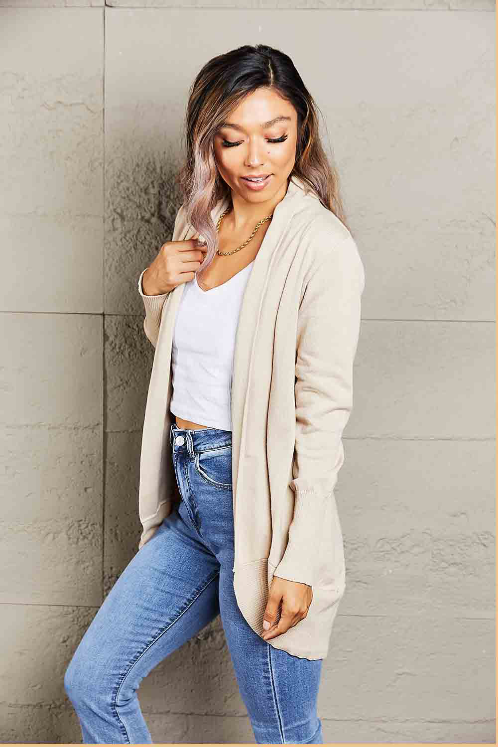 Long Sleeve Ribbed Hem Open Front Longline Cardigan - Body By J'ne