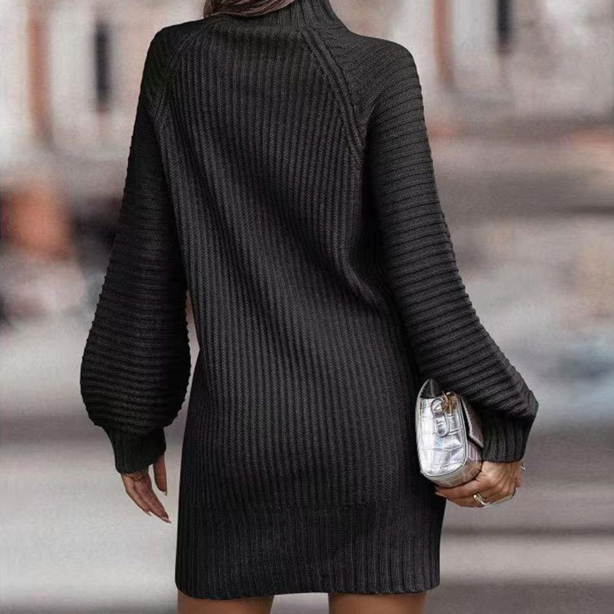 Mock Neck Lantern Sleeve Sweater Dress - Body By J'ne
