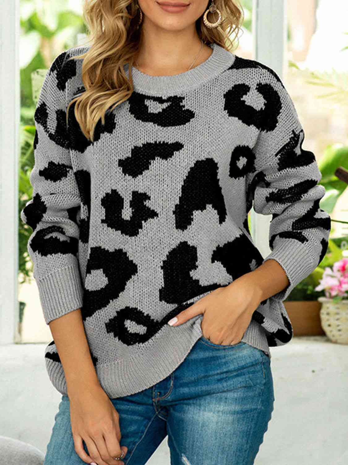 Drop Shoulder Leopard Pullover Sweater - Body By J'ne