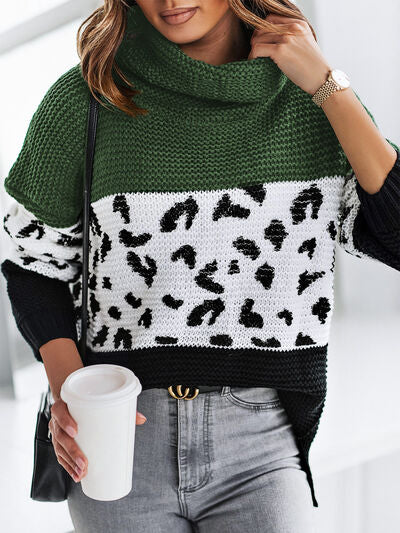 Leopard Turtleneck Dropped Shoulder Sweater - Body By J'ne