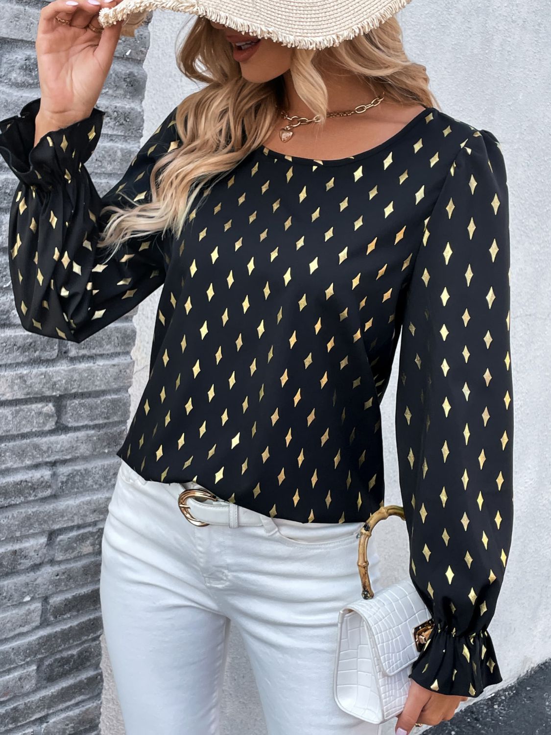 Printed Round Neck Flounce Sleeve Blouse - Body By J'ne