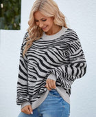 Animal Print Round Neck Dropped Shoulder Sweater - Body By J'ne