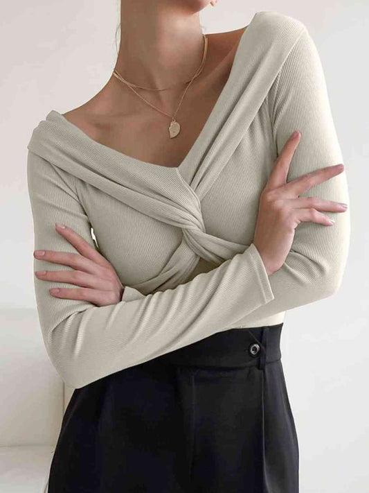 In Charge V-Neck Twisted Long Sleeve Knit Top - Body By J'ne