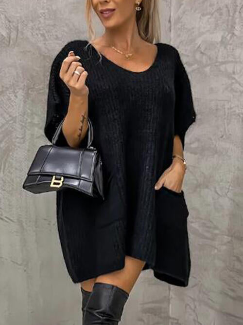 V-Neck Short Sleeve Sweater with Pockets - Body By J'ne