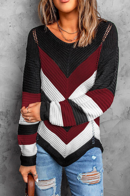 Eyelet Color Block Long Sleeve Sweater - Body By J'ne