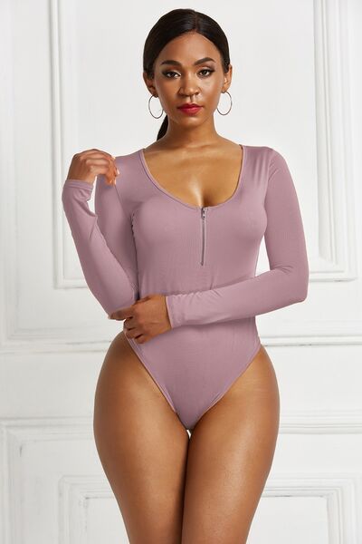 Half Zip Scoop Neck Long Sleeve Bodysuit - Body By J'ne