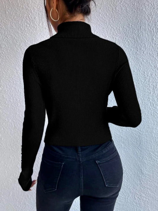 Cutout Turtleneck Rib-Knit Top - Body By J'ne