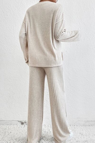 Ribbed Half Button Knit Top and Pants Set - Body By J'ne