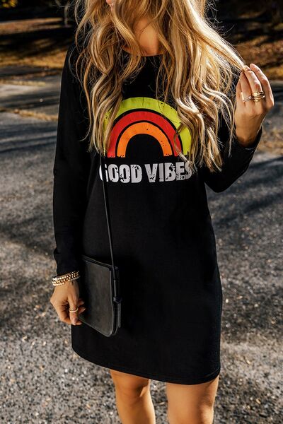 GOOD VIBES Round Neck Long Sleeve Dress - Body By J'ne