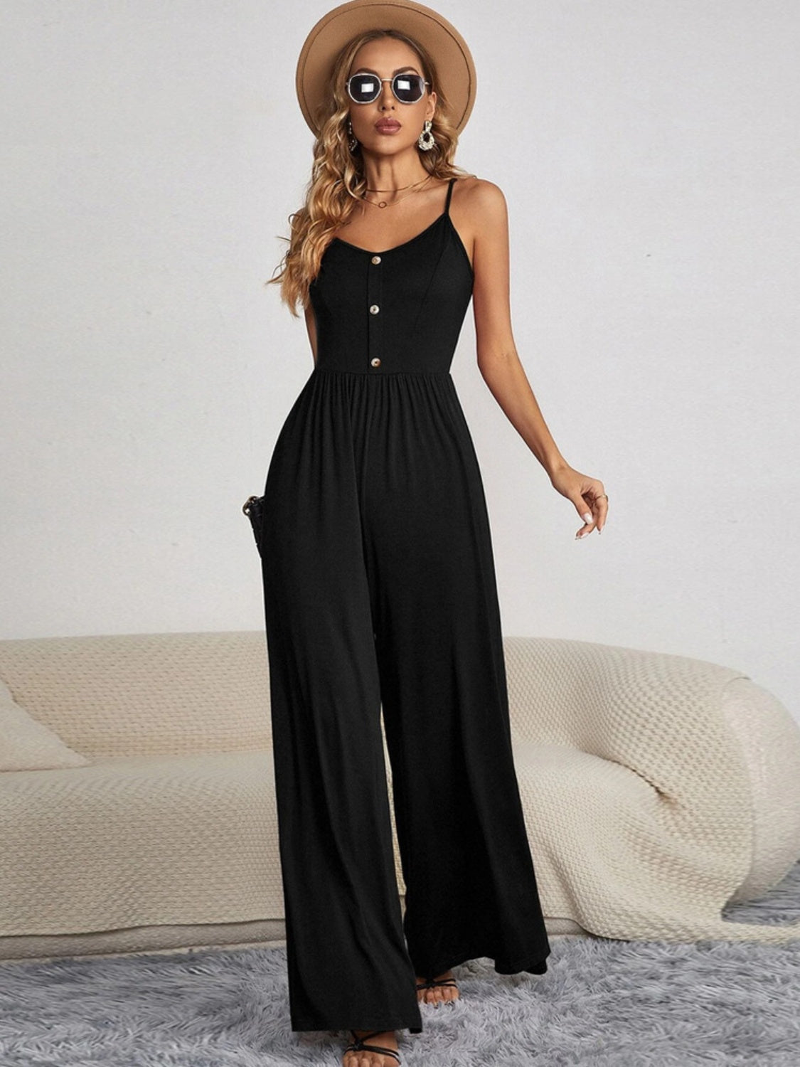 Decorative Button Spaghetti Strap Wide Leg Jumpsuit - Body By J'ne