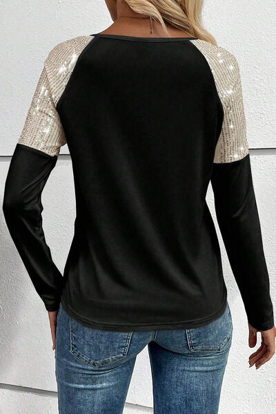 Sequin Round Neck Long Sleeve T-Shirt - Body By J'ne