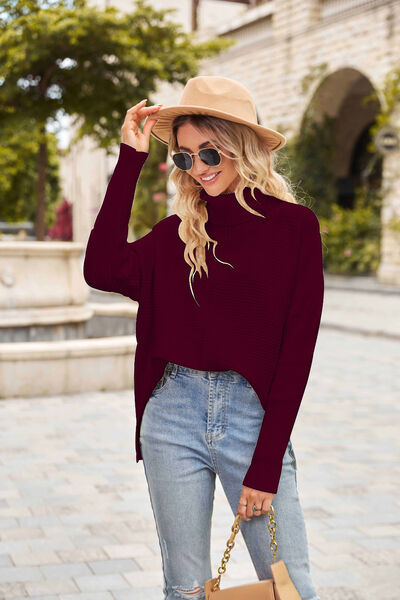 Ribbed Turtleneck Long Sleeve Slit Sweater - Body By J'ne