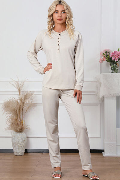 Half Button Round Neck Top and Drawstring Pants Lounge Set - Body By J'ne