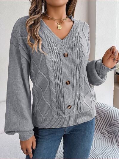 Cable-Knit Buttoned V-Neck Sweater - Body By J'ne
