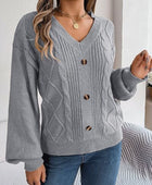 Cable-Knit Buttoned V-Neck Sweater - Body By J'ne