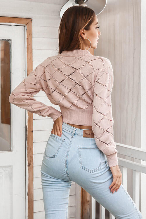 Openwork Plaid Round Neck Cropped Sweater - Body By J'ne