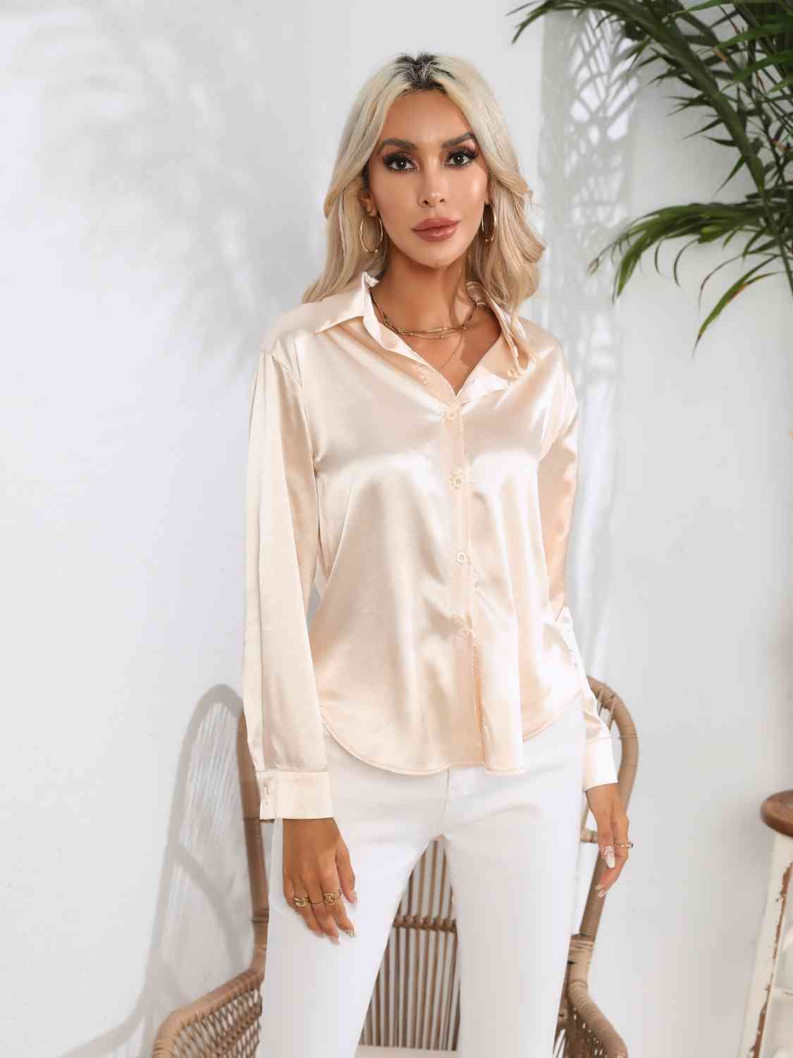 Collared Neck Buttoned Long Sleeve Shirt - Body By J'ne