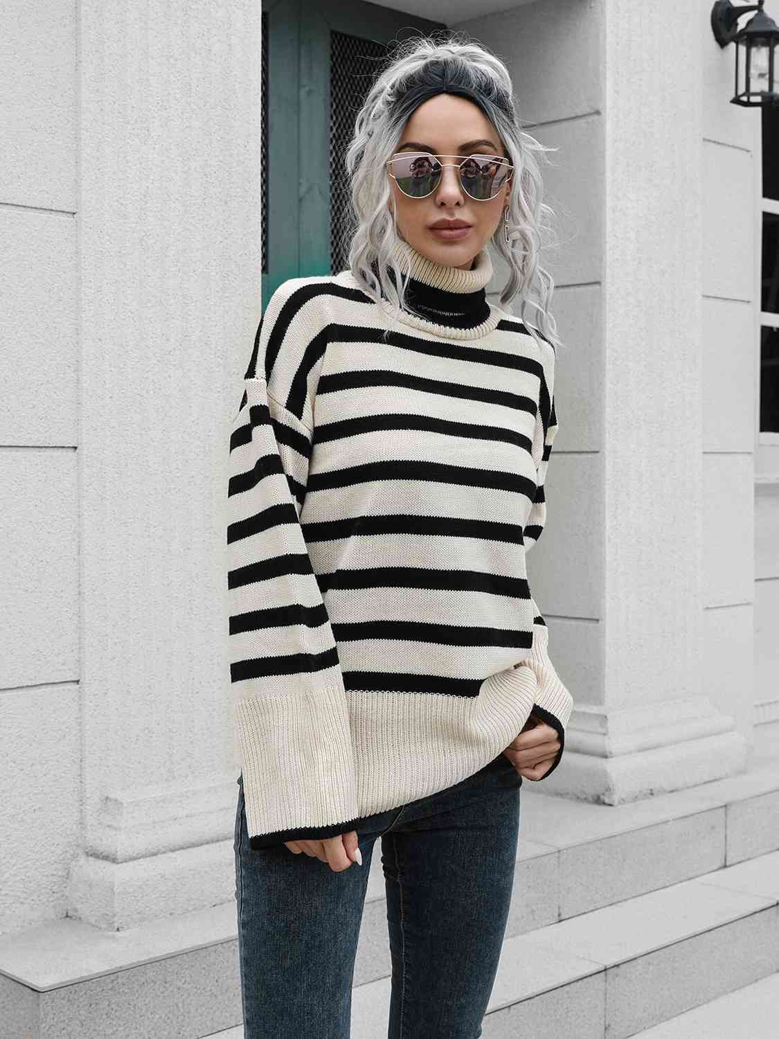 Striped Slit Turtleneck Drop Shoulder Sweater - Body By J'ne