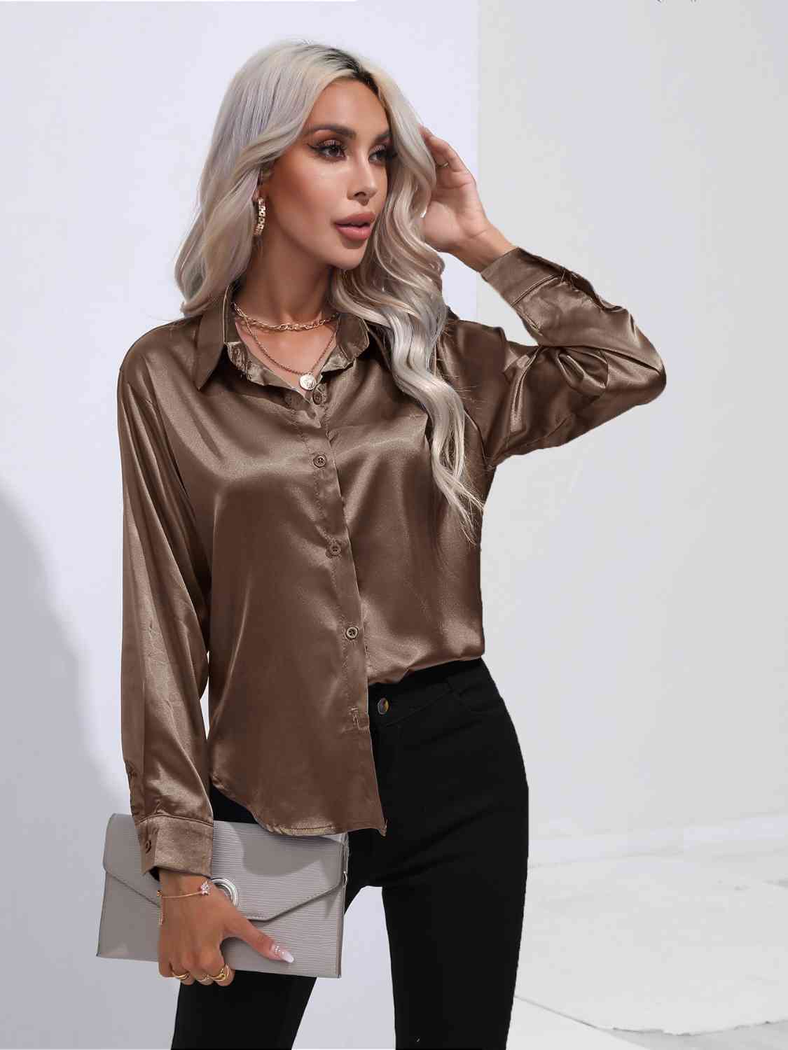 Collared Neck Buttoned Long Sleeve Shirt - Body By J'ne