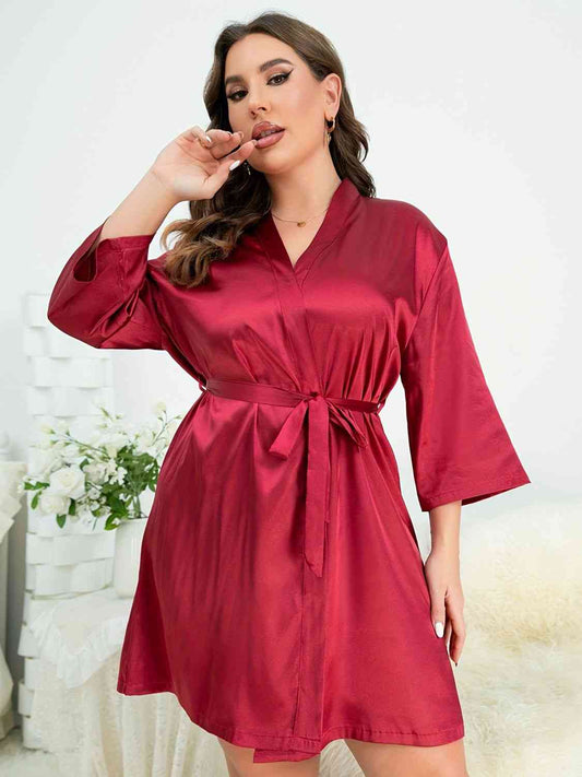 Plus Size Surplice Neck Tie Waist Robe - Body By J'ne