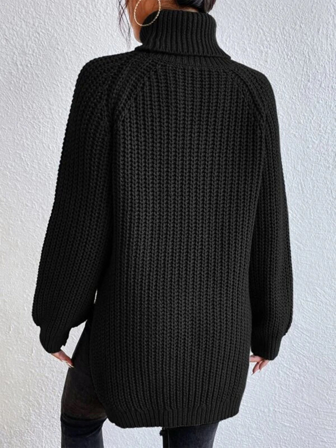 Full Size Turtleneck Rib-Knit Slit Sweater - Body By J'ne