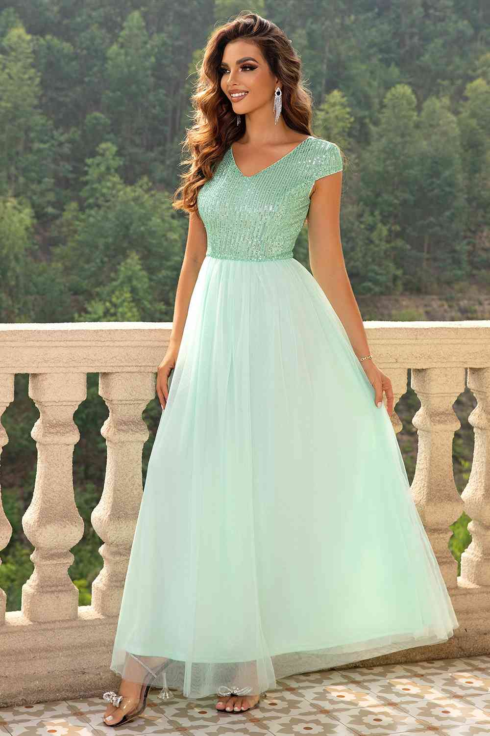 Sequin V-Neck Mesh Maxi Dress - Body By J'ne