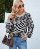 Animal Print Round Neck Dropped Shoulder Sweater - Body By J'ne