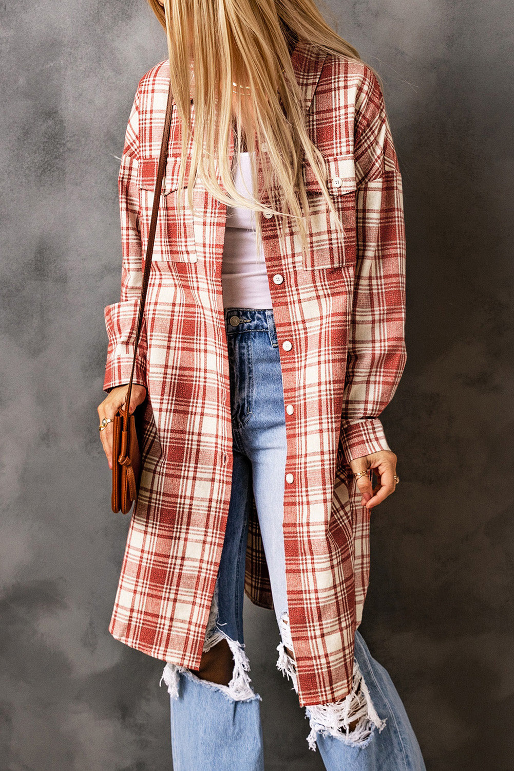 Plaid Button-Up Longline Shacket with Breast Pockets - Body By J'ne