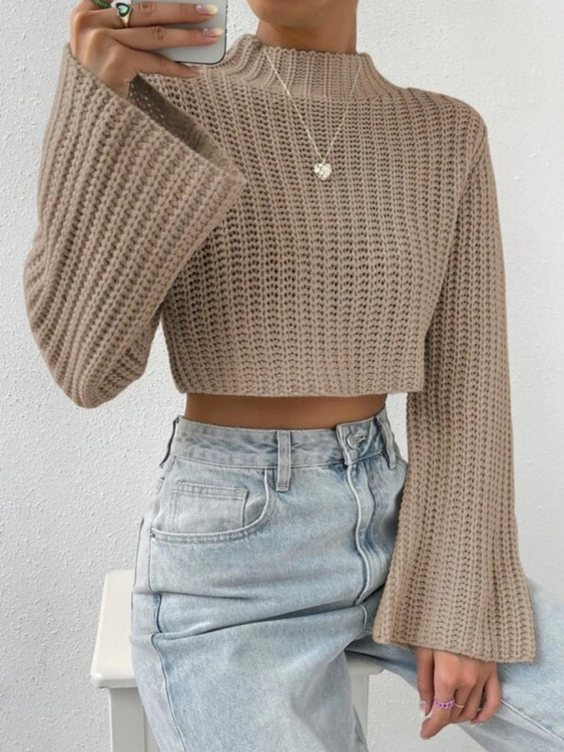 Mock Neck Long Sleeve Cropped Sweater - Body By J'ne