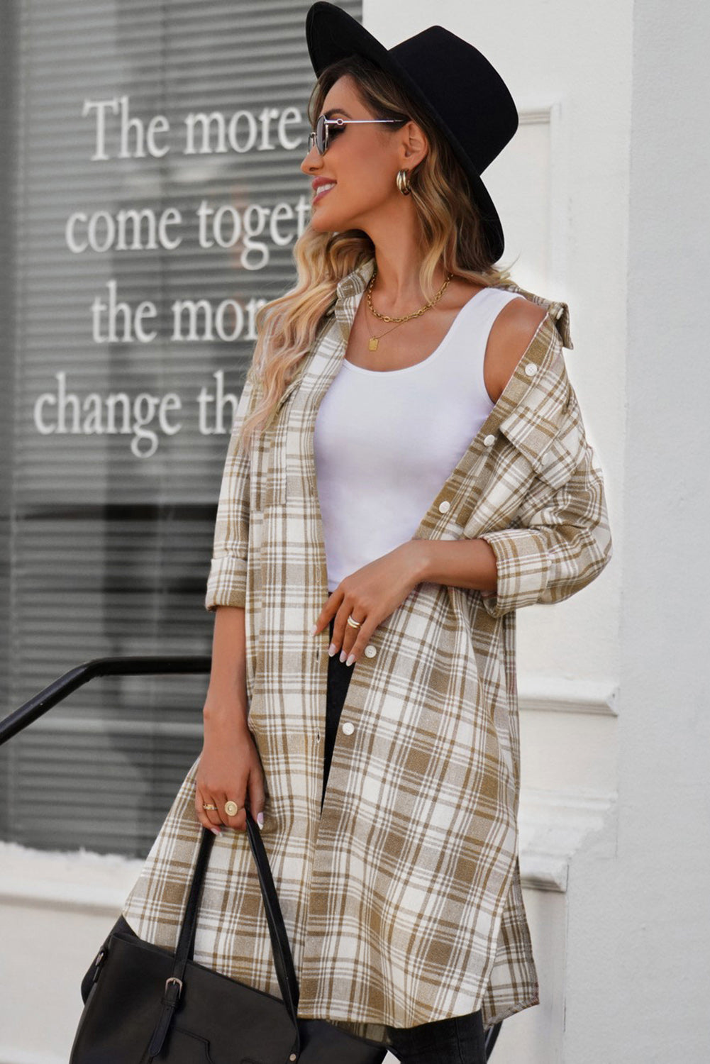 Plaid Button-Up Longline Shacket with Breast Pockets - Body By J'ne