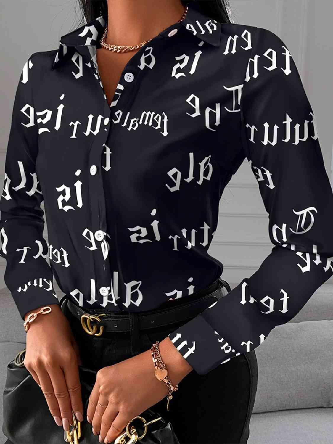 Printed Collared Neck Long Sleeve Shirt - Body By J'ne