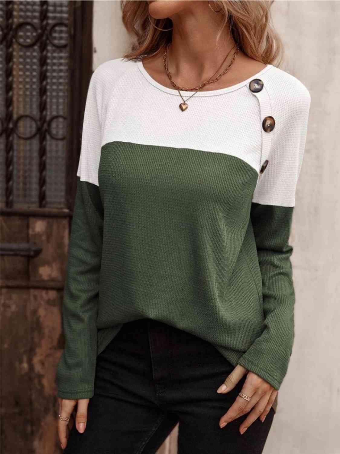 Contrast Round Neck Long Sleeve T-Shirt - Body By J'ne